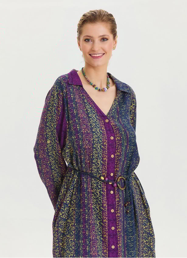 Shirt Collar Belt Detailed Purple Patterned Long Sleeve Dress 4449